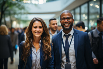 People, business, lifestyle concept. Portrait of multicultural business team. Various cultures employees posing to camera in conference, exhibition event or company hall. Happy emotions. Generative AI