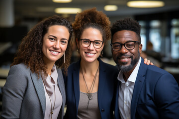 People, business, lifestyle concept. Portrait of multicultural business team. Various cultures employees posing to camera in conference, exhibition event or company hall. Happy emotions. Generative AI