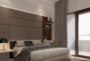 Modern bedroom home interior design. 3D rendering illustration