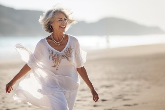 image of happy dancing mature woman at the beach