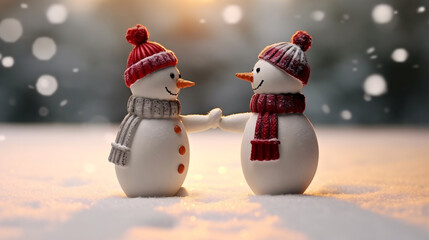 Two happy snowman family toys greeting greeting each other, celebrating Christmas and new year with family and friends concept photo background.