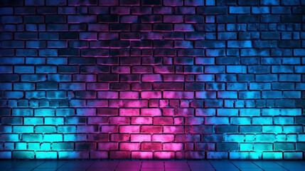 Brick wall textured with blue and purple neon glow light, electric and grunge style dark futuristic brick wall background. 