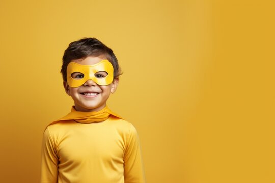 Happy little superheroe standing isolated over yellow background.