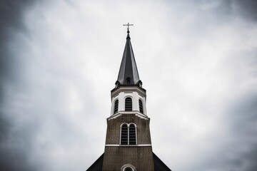 church bell tower framed by the grey cloudy sky