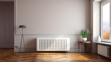 Heating radiator in a minimalist room interior. Heating for apartments and houses, the beginning of the heating cold season. 