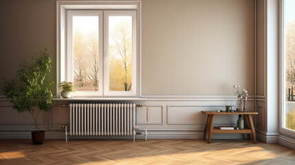 Heating radiator in a minimalist room interior. Heating for apartments and houses, the beginning of...