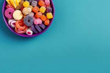different candy on a bowl over a vibrant studio background with space for text