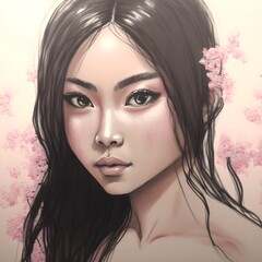 young woman with black hair sakura flowers photorealistic 8k intricated extremeley detailed 