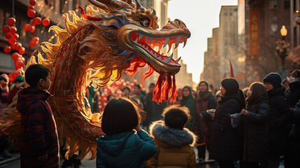 Horizontal photo of people, watching Chinese new year parade. Concept people culture.