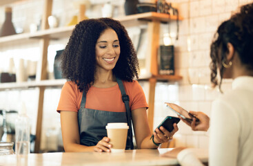 Happy woman, pos and phone payment at cafe for customer transaction, tap or scan at checkout. Female person, barista or small business owner smile for electronic purchase, coffee or service at store
