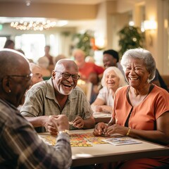 Group of Elderly People in Assisted Living Playing Games Together, Social and Healthy Lifestyle for Aging Grandparents Concept - obrazy, fototapety, plakaty