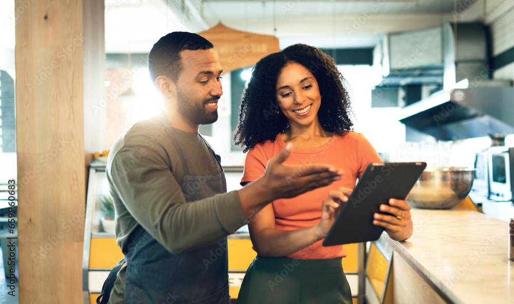 Poster coffee shop, talking and man with a woman and tablet for online orders, retail information and advic