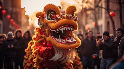 Horizontal photo of a person wearing a golden dragon costume on the street. Concept people culture
