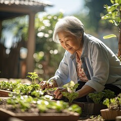 Older Asian Woman Planting Herbs in Garden Content and Solo Activity 