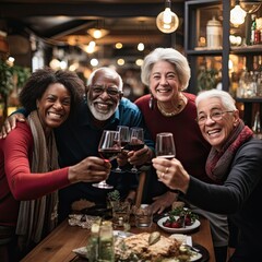 Diverse group of Senior Citizens having Dinner and Drinks Together at Restaurant, Cheers and Celebration Concept