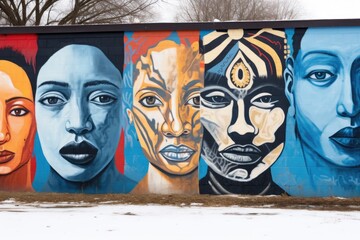 a multicultural mural tainted by monochromatic paint