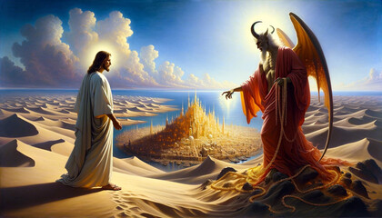 Jesus and the Devil: Overcoming Temptation in the Desert after 40 Days—Satan's Offer of Worldly Power to Christ.