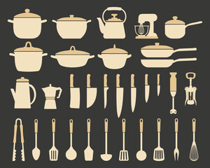 Big set of kitchen utensils, silhouette. Pots, frying pans, ladle, kettle, coffee maker, mixer, blender, knives. Icons, vector
