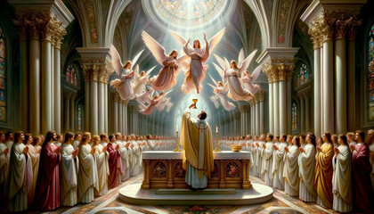 Transcendent Encounter: Witnessing the Elevation of the Chalice by a Catholic Priest, as Consecrated Wine Transforms into the Blood of Christ with Angels Present during the Holy Mass.