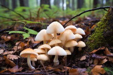 clusters of mushrooms on forest ground