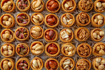 Fototapeta premium Bird's nest baklava with almonds, cashews, hazelnuts and pistachio. Turkish desert baklava with peanut for holiday or ramadan. Traditional Middle Eastern Flavors. Selective focus, pattern.