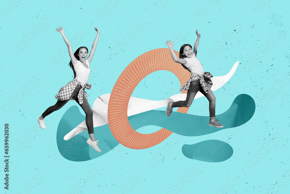 Sticker Creative collage image of two excited black white effect people raise hands jump rush isolated on drawing turquoise background