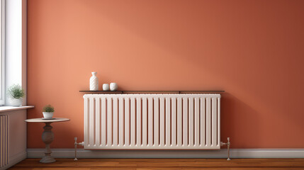 Heating radiator in a minimalist room interior. Heating for apartments and houses, the beginning of the heating cold season.  - obrazy, fototapety, plakaty