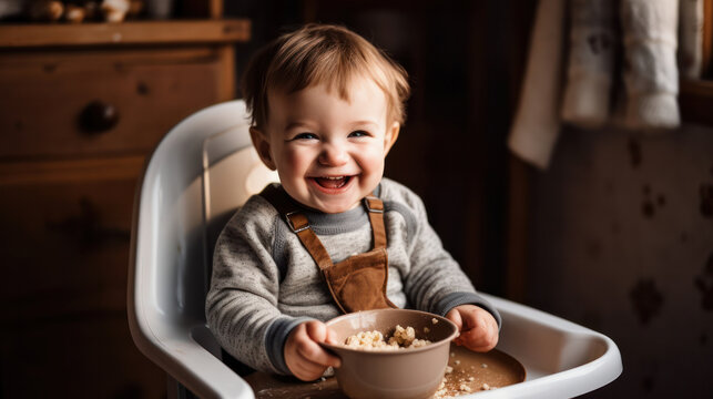 funny baby eating healthy food in kitchen