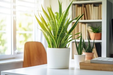 potted snake plant in a light-filled home office