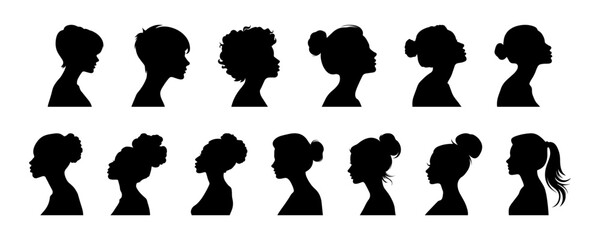 Black silhouette of woman big set, side view, face and neck only. Female silhouette. Women's equality day. International Women's Day. Set of vector womens silhouettes isolated on white background. - obrazy, fototapety, plakaty