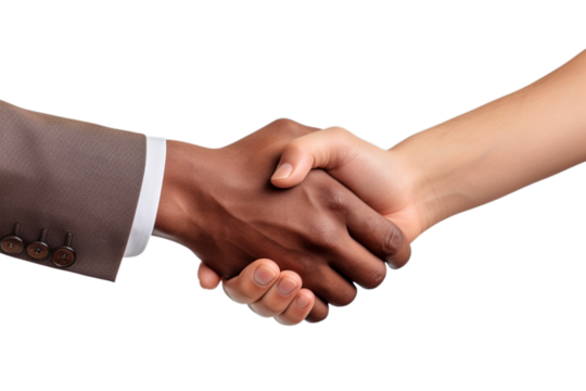 Hand shaking greeting with close up hands isolated on transparent background cutout PNG