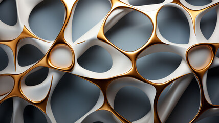 Gilded Excellence: 3D Rendered Metallic Bionic Style Geometric Patterned Grills with Mosaic of Gold in White Pattern Shapes 
