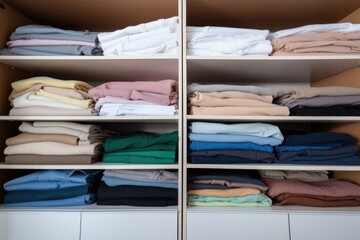 organized closet with neatly folded clothes in rows