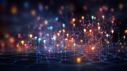 Obraz premium Cyber Nexus: 3D Data Centralized Elements of Technology, Networked Based Particles Connecting Dots in Cyberpunk Colors, Merging to Illuminate the Verse of the High-Tech Digital World 