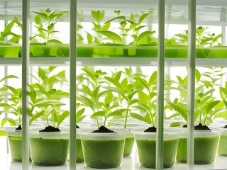 green seedlings in pots in greenhouse.
