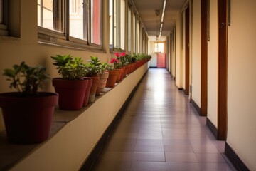 shared flowerpots along a common corridor in an apartment building