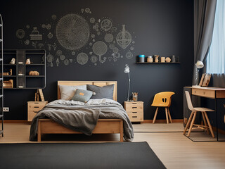 Playfully designed kid's room incorporating black furniture. AI Generation.