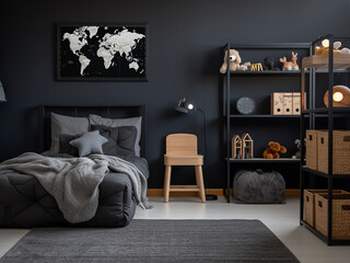 Minimalist design for a black-themed kid's room interior. AI Generation.