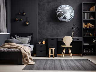 Creative use of black elements in a beautifully designed kid's room. AI Generation.
