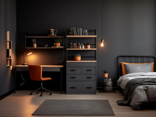 Modern furniture layout in an elegantly styled black child room. AI Generation.