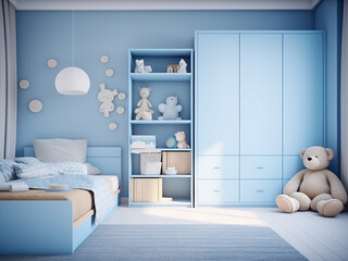 Fototapeta na wymiar Furniture accents in a charming blue child room. AI Generation.