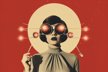 Fine art, pop art concept. Minimalist and surreal retro art collage with woman portrait. Grunge effect style. Geometric shapes and tiny ornate details in background. Generative AI