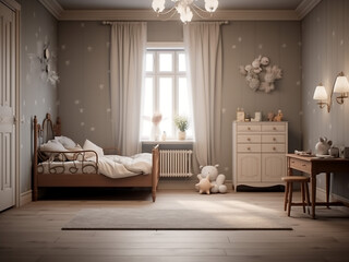 Classic kid's room decor with traditional furniture. AI Generation.