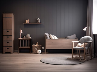 A kid's haven adorned with dark wood aesthetics and carefully chosen furniture. AI Generation.
