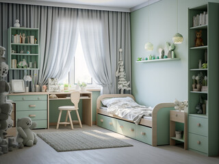 Green-themed child room with thoughtfully arranged furniture. AI Generation.