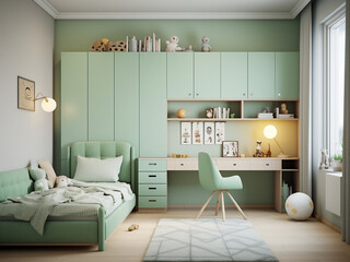 Nature-inspired green room with kid-friendly furniture. AI Generation.