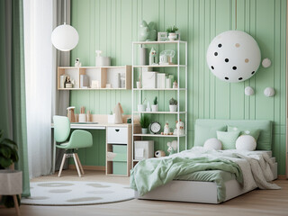 Furniture and interior design in a delightful green child room. AI Generation.