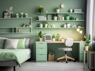 Cozy furniture and a green-themed design for the kid's room. AI Generation.