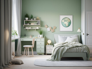 Relaxing and playful green child room with thoughtful design. AI Generation.