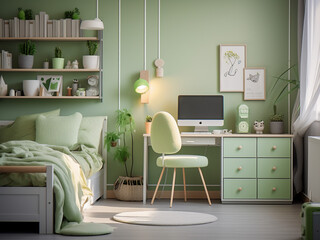 Whimsical touches in the vibrant green child room design. AI Generation.